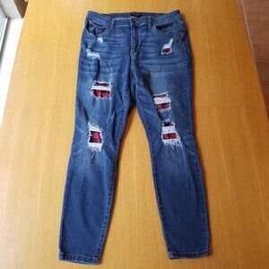 Judy Blue 1XL Skinny Fit Distressed Red Flannel Stretchy Blue Jeans